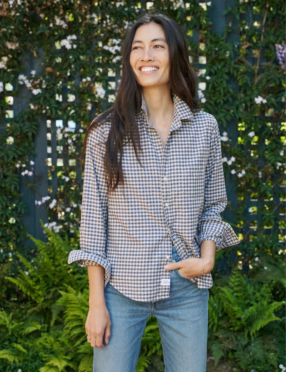 Frank & Eileen M Barry Blue and Gray Check Button Up